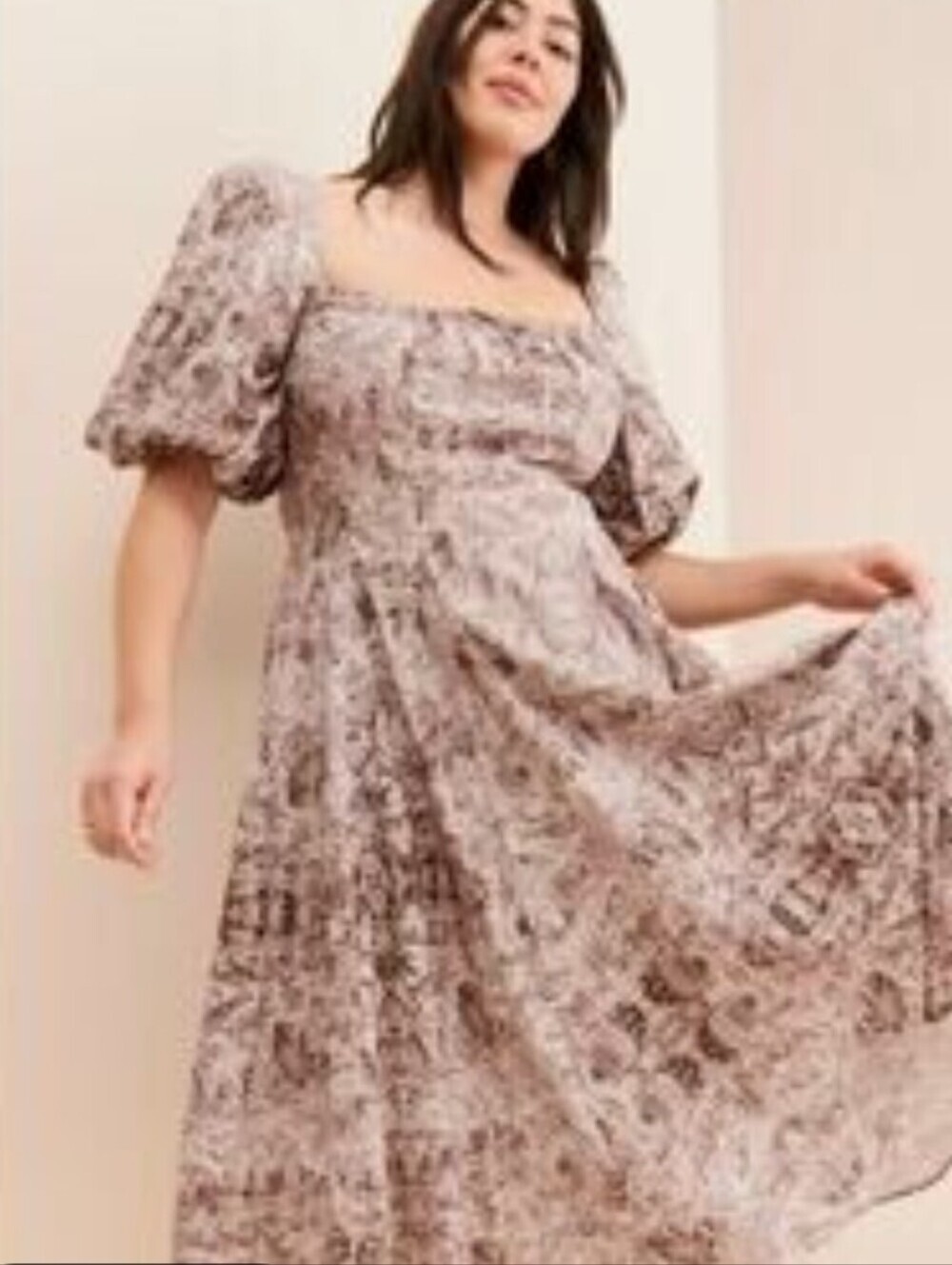 Selkie Taupe Paisley Puff Sleeve Midi Dress - Picture 5 of 6